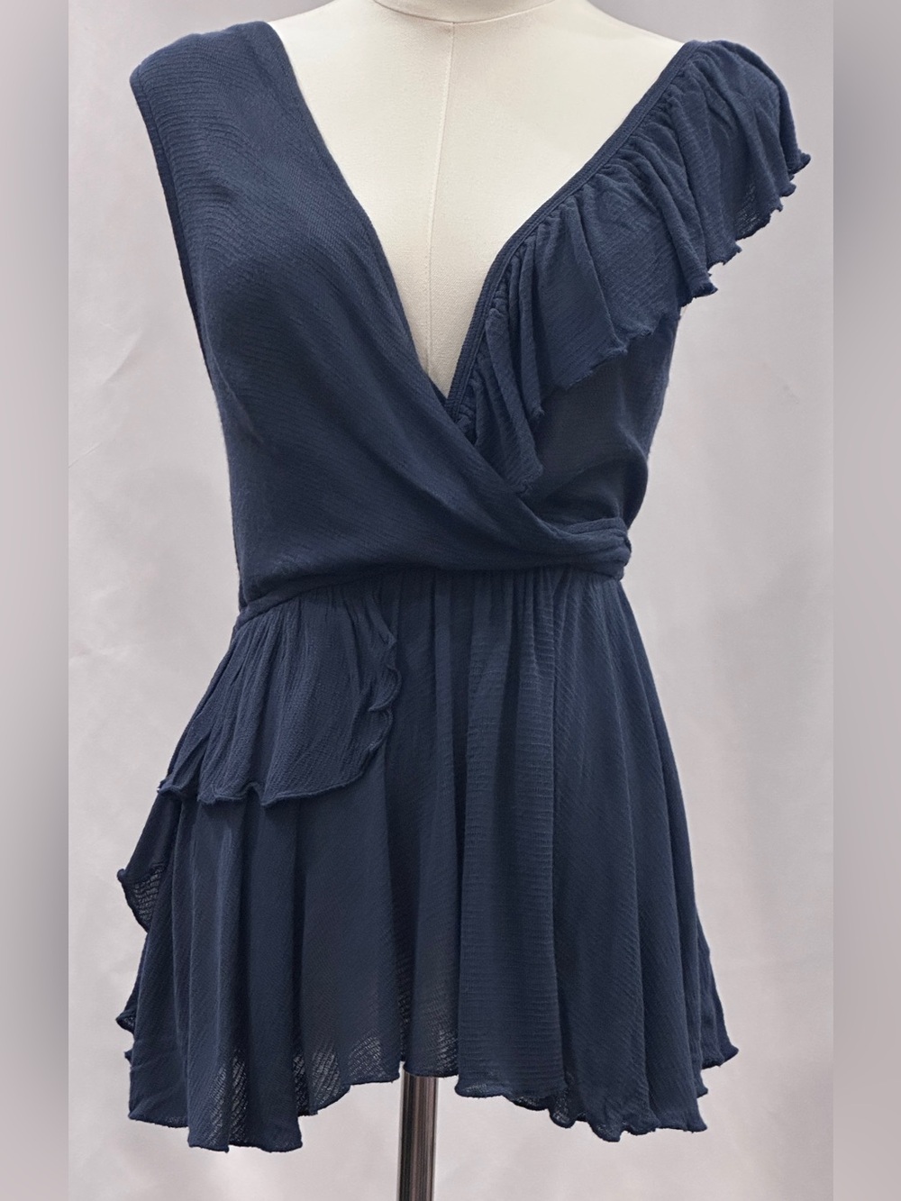 Free People Navy Blue Ruffle Waist Sleeveless Top